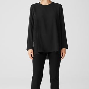 Eileen Fisher Silk Georgette Crep Round Neck Top Black Long Sleeve